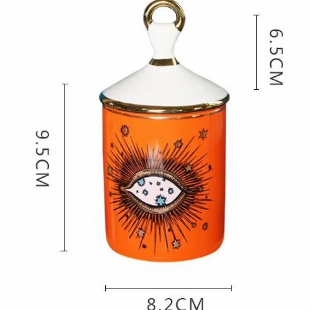Whimsical Goth Evil Eye small Ceramic Jar Orange White Gold Eclectic Decor